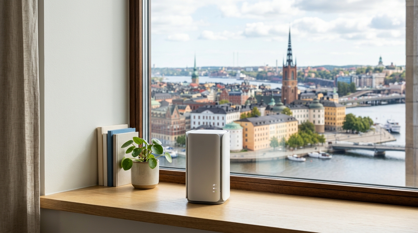 Snygg vit 5G-router placerad på en fönsterbräda med utsikt över stadssilhuett