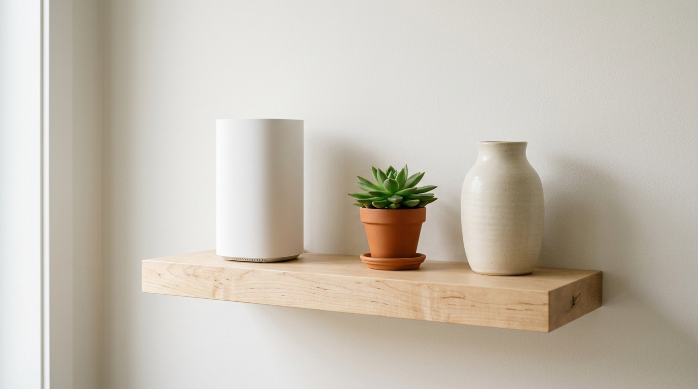 Minimalistisk vit Wi-Fi 6-router på ljus björkhylla bredvid en grön växt